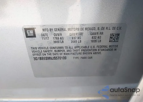 2018 Chevrolet Cruze Lt Auto z USA, uszkodzony, nr VIN 3G1BE6SM9JS570109